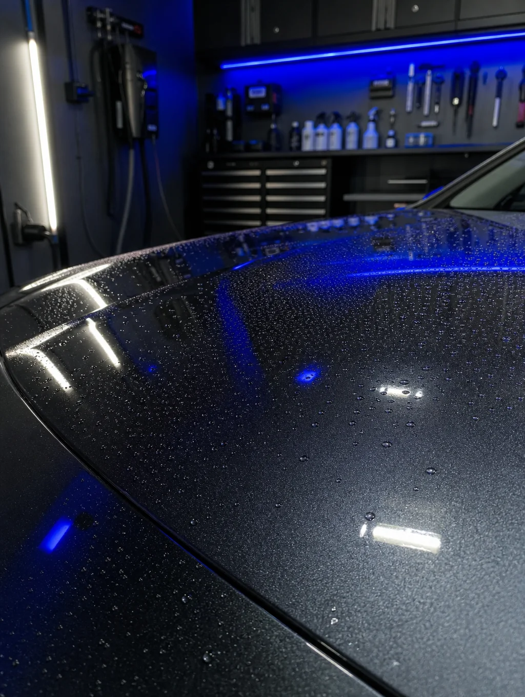 Mirror-like finish on a luxury vehicle hood reflecting the shop lights