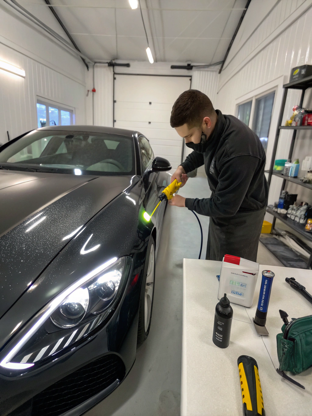 Technician performing a final inspection under bright studio lighting