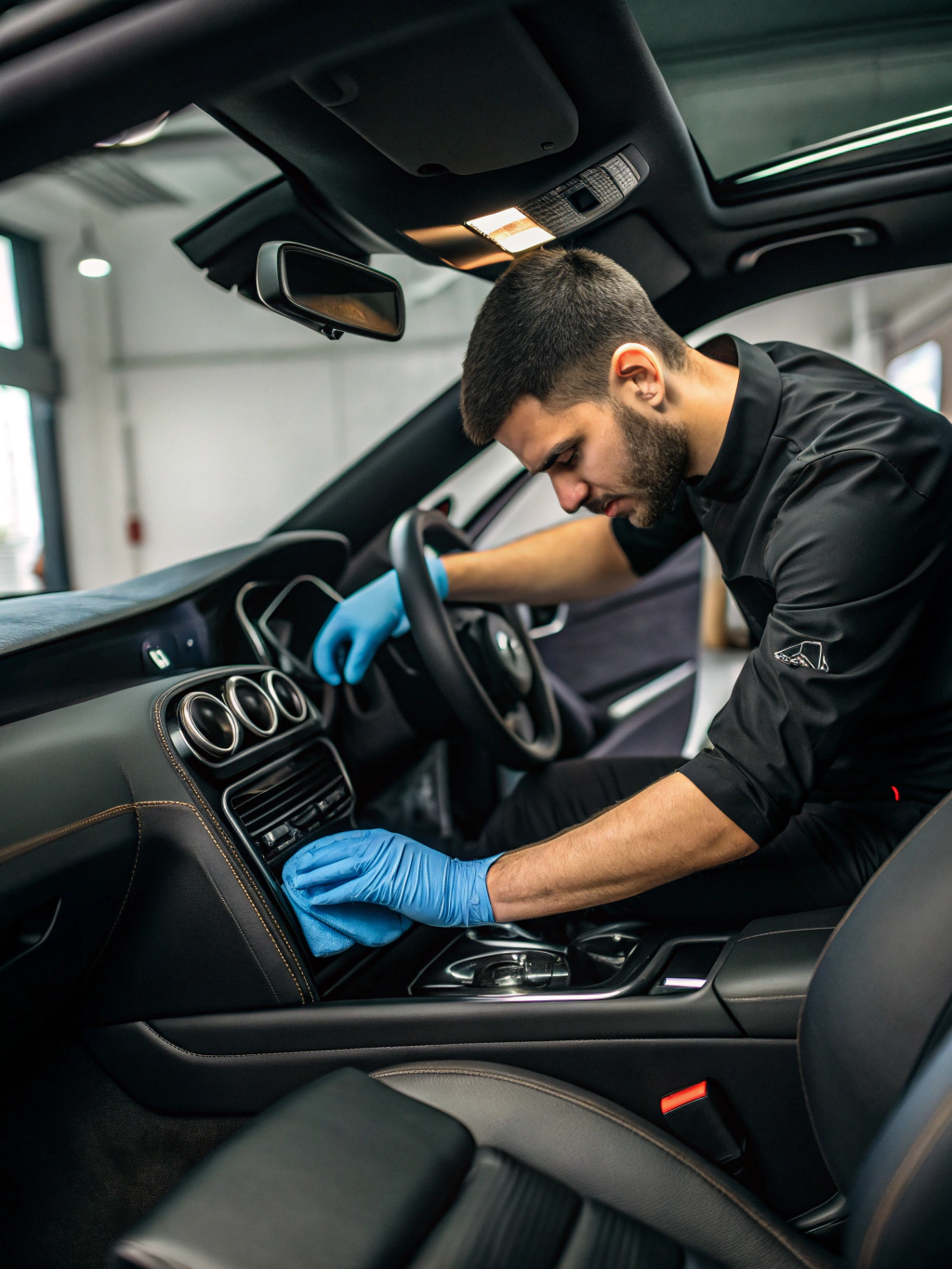 Professional detailer cleaning car interior dashboard