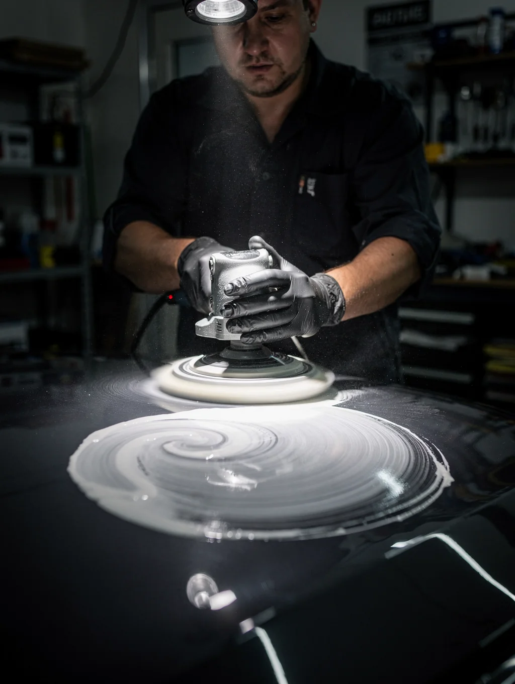 Technician performing paint correction on a hood