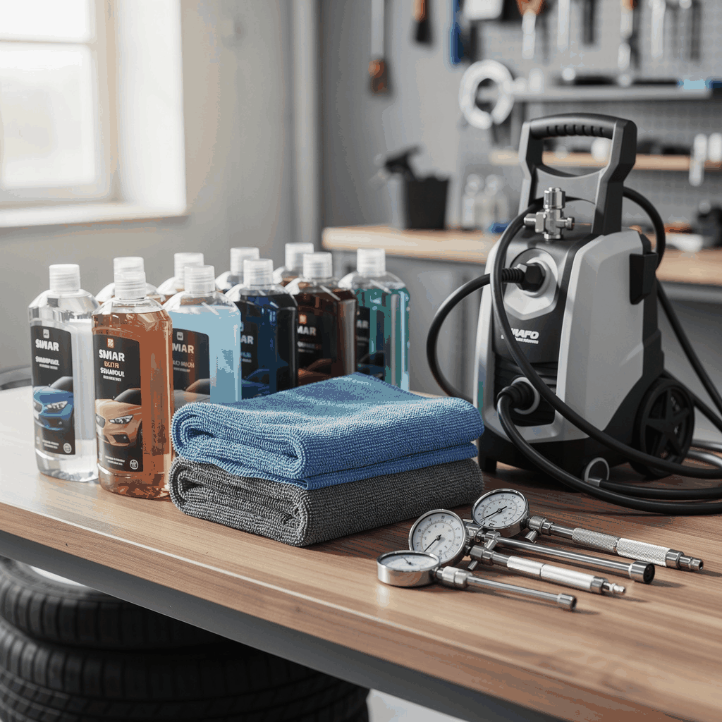 Professional detailing tools organized on a cart