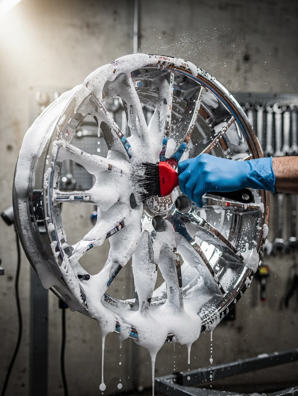 A technician cleaning alloy wheels with precision tools